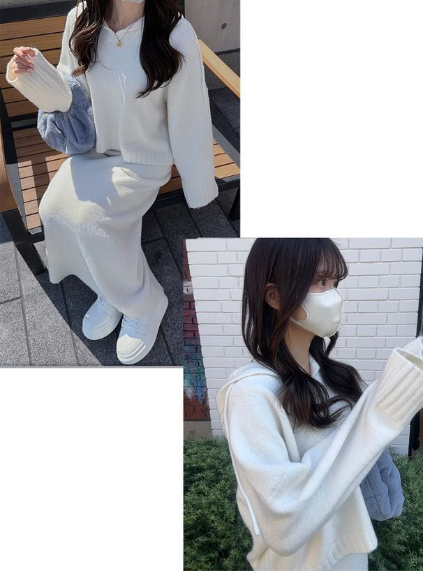 🇯🇵 Japanese mature V-neck hooded top + pencil skirt knitwear set Hoodie and tight skirt knitwear set-up