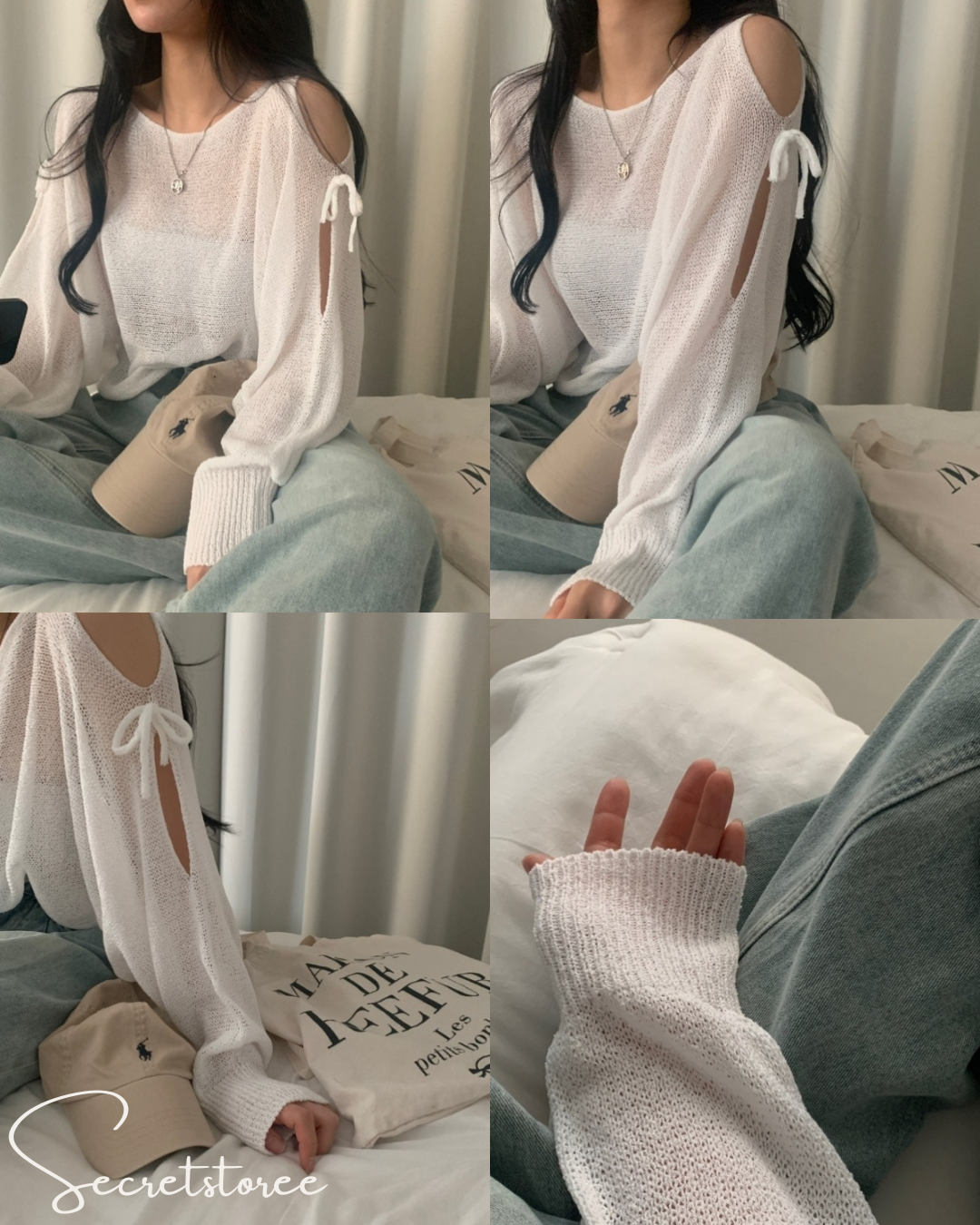 🇰🇷Korea︴Bow-knot shoulder slit loose-fitting long-sleeved sweater in 5 colors★ 🔎 SS-sdwp1f25