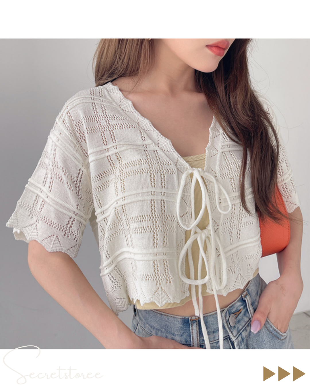 🇯🇵Japanese hollow knit bow short top + high waisted jeans★ Product code🔎 SS-gan0132800 🔎 SS-gcu04450