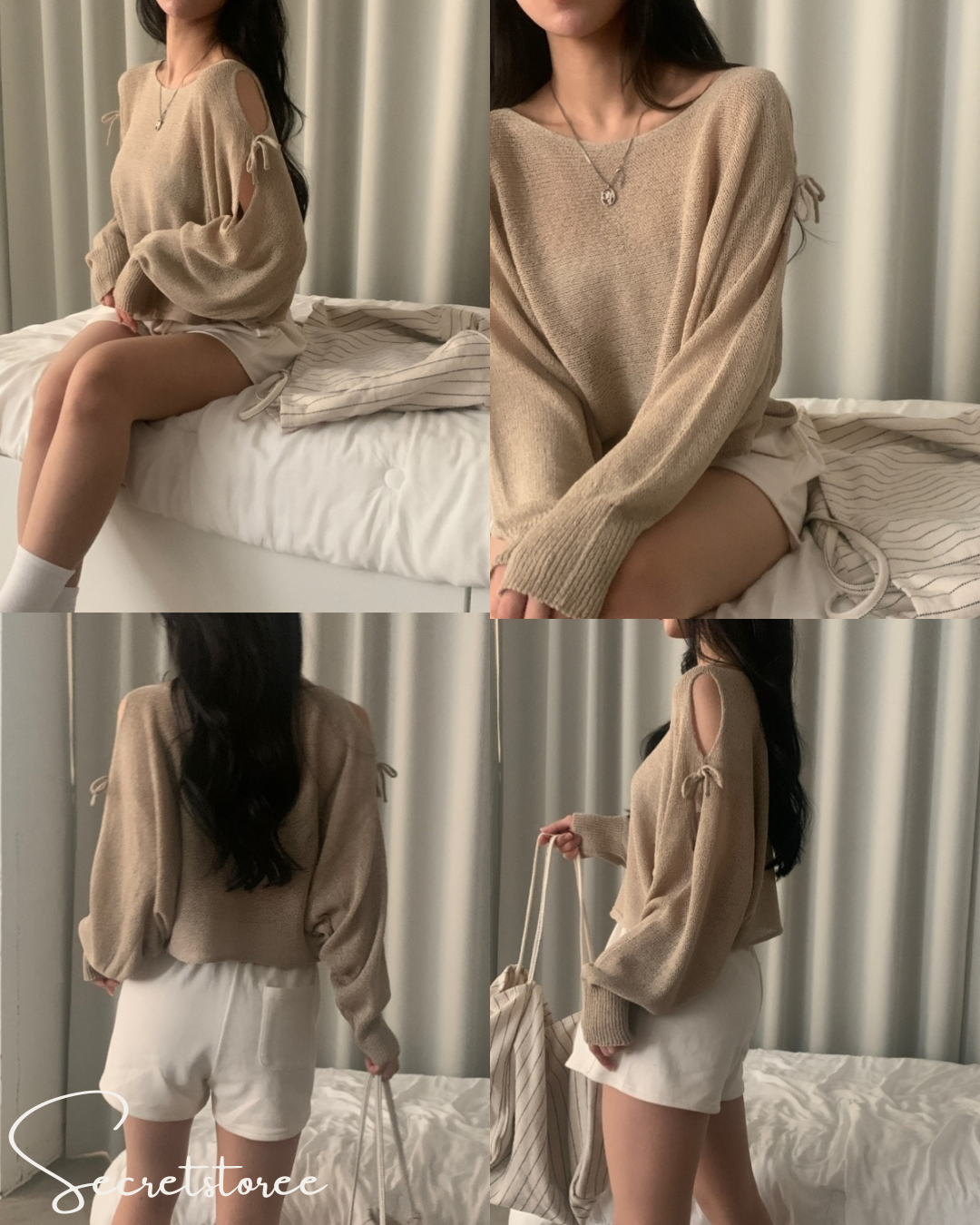 🇰🇷Korea︴Bow-knot shoulder slit loose-fitting long-sleeved sweater in 5 colors★ 🔎 SS-sdwp1f25