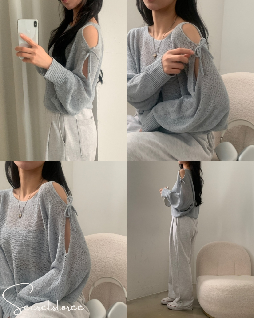 🇰🇷Korea︴Bow-knot shoulder slit loose-fitting long-sleeved sweater in 5 colors★ 🔎 SS-sdwp1f25