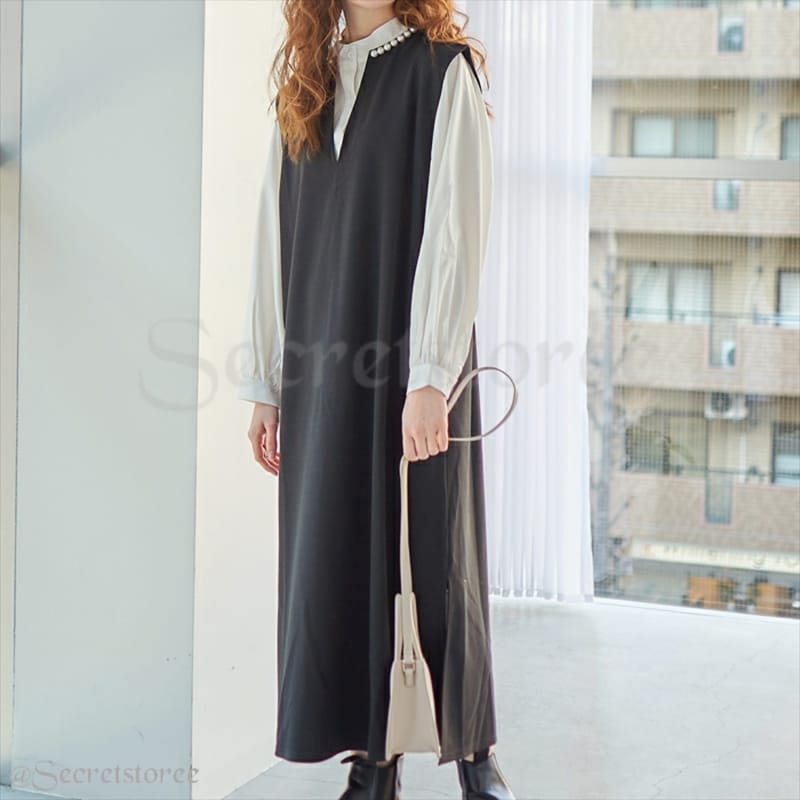 🇯🇵日本 │ OL斯文必備 珍珠V領連身裙 Pearl v-neck one piece