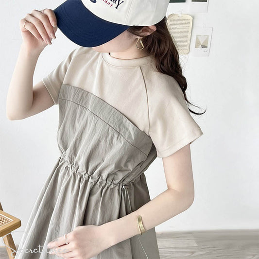 🇯🇵Japanese casual mixed material patchwork waist drawstring dress (4 colors)★ Product code🔎 SS-jelce10201290