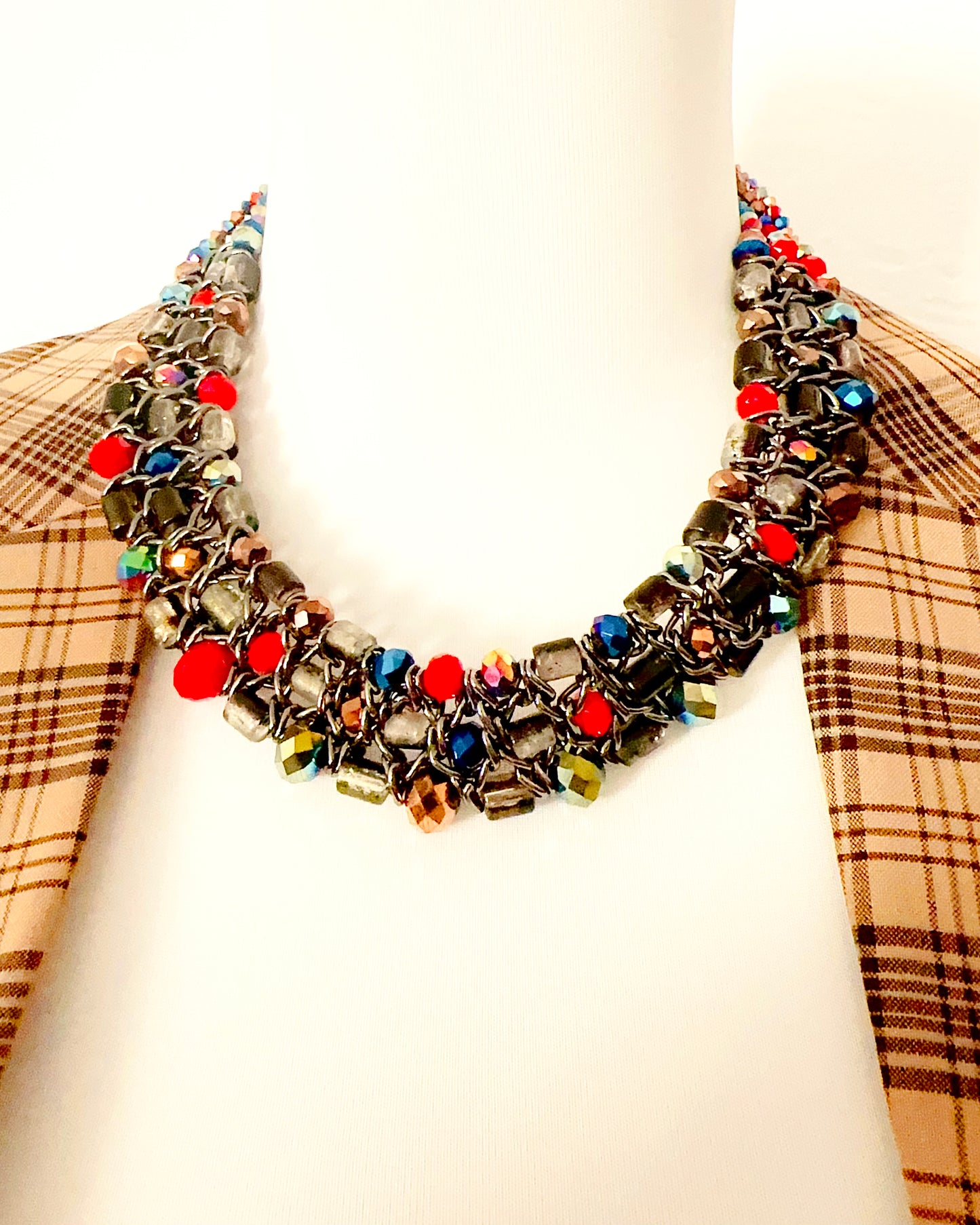 🇯🇵JAPAN Vintage ♡ Vintage Beaded Woven Black Chain Statement Necklace | 🇯🇵日本古著 ♡ 復古彩珠編織黑鍊短項鍊|🔎ss-vin631
