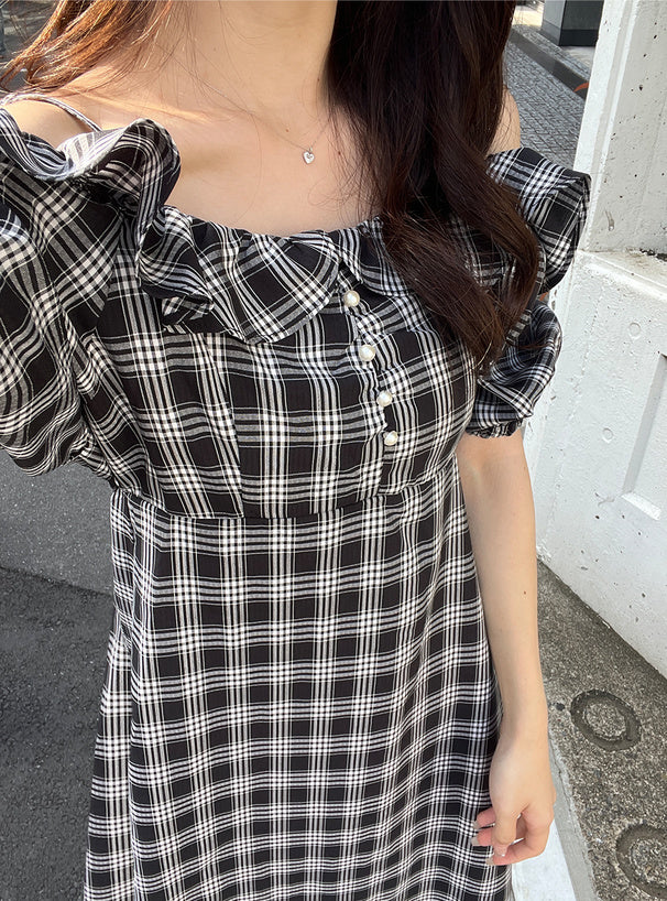 🇯🇵Japan Checked off-the-shoulder flared dress ◇ 日本 格紋露肩喇叭連身裙 🔎 ɪᴛᴇᴍ ɴᴏ:SS-jgnr3660