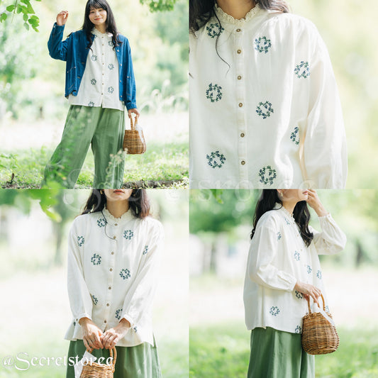 🇯🇵日本|田園少女系刺繡純棉襯衫(3色入)刺繍入りシャツブラウス レディース トップス
