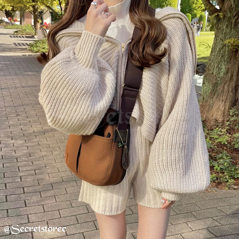 🇯🇵日本 泡泡袖拉鍊針織外套連短褲套裝 2件套 ss-mb1471