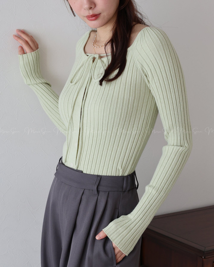 🇯🇵 JAPAN ♥  Ribbed knit top with square neck and ribbon choker ♥ 蝴蝶結桃心領坑紋 Knit (3色入)  🔎 ɪᴛᴇᴍ ɴᴏ：SS-JS31886