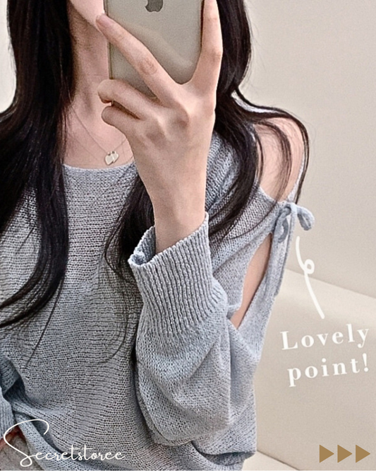 🇰🇷Korea︴Bow-knot shoulder slit loose-fitting long-sleeved sweater in 5 colors★ 🔎 SS-sdwp1f25 