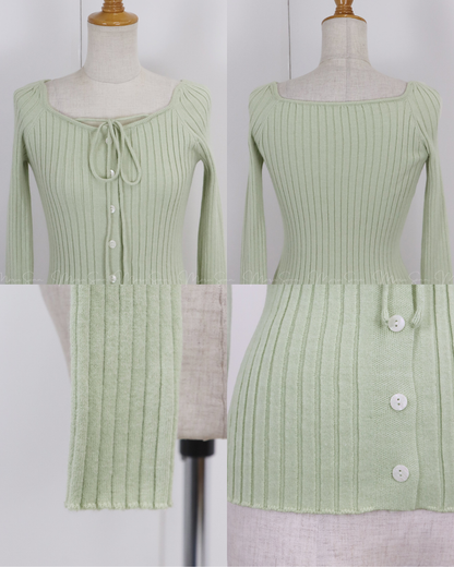 🇯🇵 JAPAN ♥  Ribbed knit top with square neck and ribbon choker ♥ 蝴蝶結桃心領坑紋 Knit (3色入)  🔎 ɪᴛᴇᴍ ɴᴏ：SS-JS31886