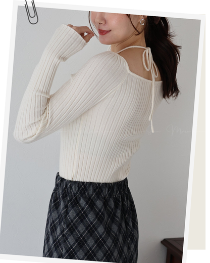 🇯🇵 JAPAN ♥  Ribbed knit top with square neck and ribbon choker ♥ 蝴蝶結桃心領坑紋 Knit (3色入)  🔎 ɪᴛᴇᴍ ɴᴏ：SS-JS31886