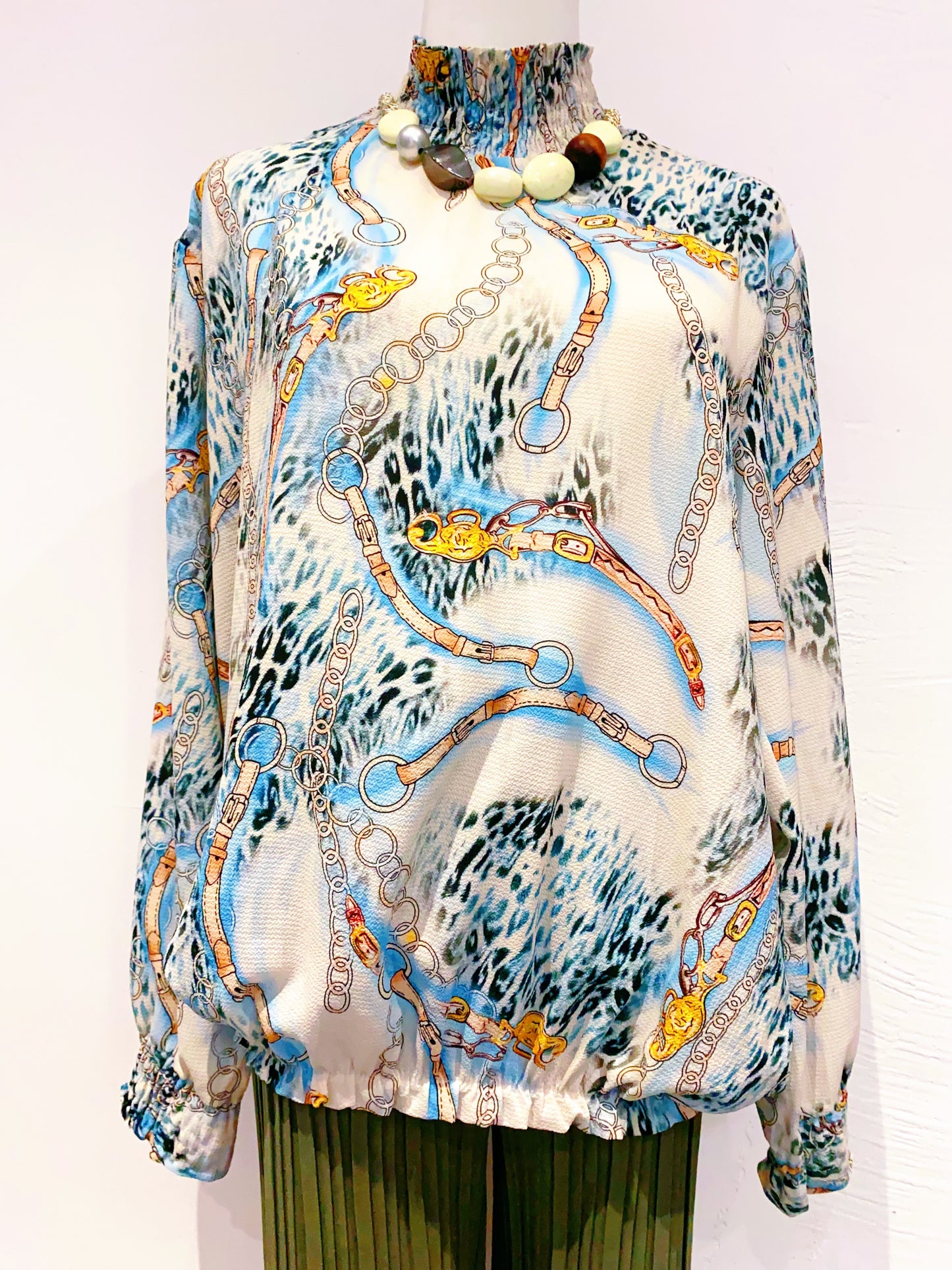 🇪🇺歐美古著｜VintageClothes - 歐式奢華馬鏈與豹紋印花抓褶高領雪紡衫 🔎 ss-vin521