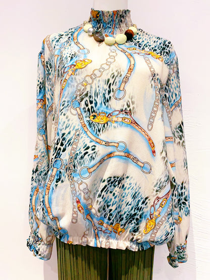 🇪🇺歐美古著｜VintageClothes - 歐式奢華馬鏈與豹紋印花抓褶高領雪紡衫 🔎 ss-vin521