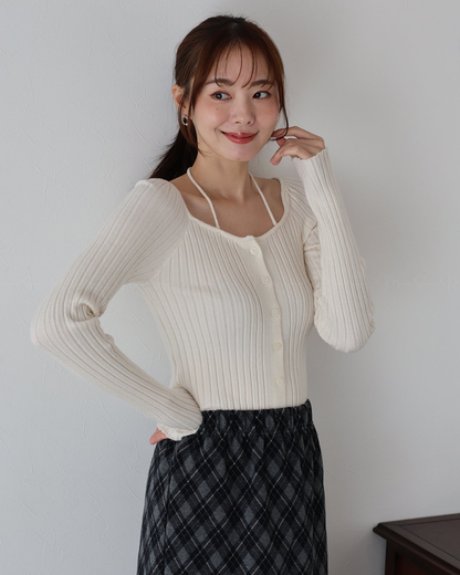 🇯🇵 JAPAN ♥  Ribbed knit top with square neck and ribbon choker ♥ 蝴蝶結桃心領坑紋 Knit (3色入)  🔎 ɪᴛᴇᴍ ɴᴏ：SS-JS31886