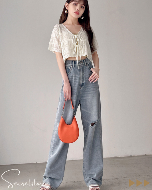 🇯🇵Japanese hollow knit bow short top + high waisted jeans★ Product code🔎 SS-gan0132800 🔎 SS-gcu04450 
