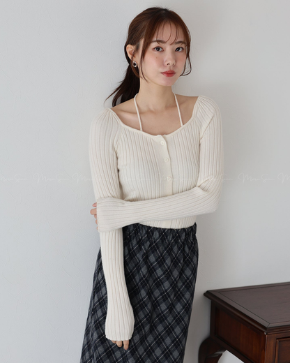 🇯🇵 JAPAN ♥  Ribbed knit top with square neck and ribbon choker ♥ 蝴蝶結桃心領坑紋 Knit (3色入)  🔎 ɪᴛᴇᴍ ɴᴏ：SS-JS31886