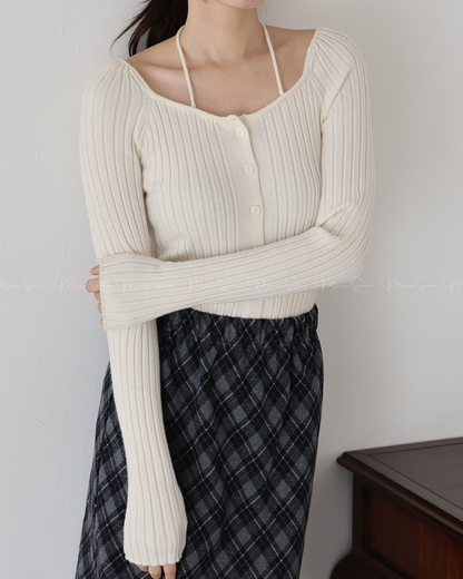 🇯🇵 JAPAN ♥  Ribbed knit top with square neck and ribbon choker ♥ 蝴蝶結桃心領坑紋 Knit (3色入)  🔎 ɪᴛᴇᴍ ɴᴏ：SS-JS31886