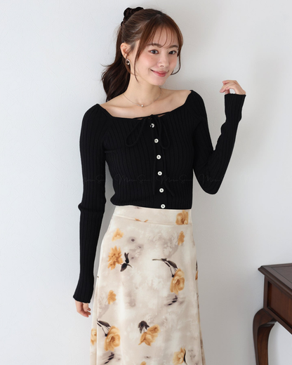 🇯🇵 JAPAN ♥  Ribbed knit top with square neck and ribbon choker ♥ 蝴蝶結桃心領坑紋 Knit (3色入)  🔎 ɪᴛᴇᴍ ɴᴏ：SS-JS31886