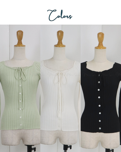 🇯🇵 JAPAN ♥  Ribbed knit top with square neck and ribbon choker ♥ 蝴蝶結桃心領坑紋 Knit (3色入)  🔎 ɪᴛᴇᴍ ɴᴏ：SS-JS31886