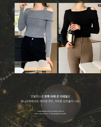 (UK🇬🇧)🇰🇷KOREA ♥ Unbalanced Off-Shoulder Knitwear ♥ 熱銷商品 奶油色不對稱露單肩針織衫 (4色入)  🔎 ɪᴛᴇᴍ ɴᴏ：SS-KSS93544093