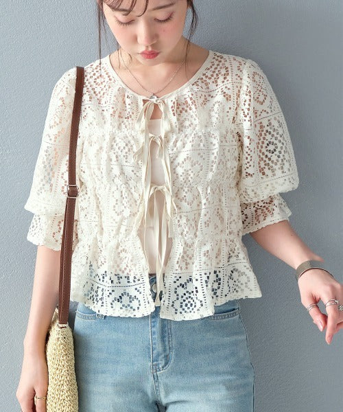 🇯🇵JAPAN Crochet lace shirred top ◇日本 鉤編蕾絲褶飾上衣 
SS-js255110620