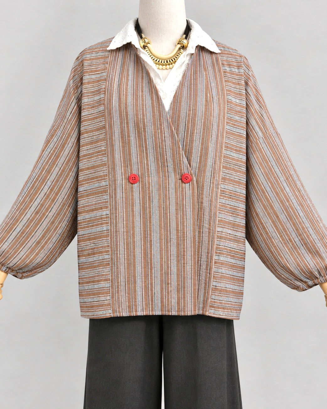 🇯🇵日本古著 🏷️ [ 復古棕灰縱橫細條紋雙排紅扣和裝工作罩衫 ｜ Vintage Brown & Grey Stripe Japanese Kappogi Apron Coat ] ss-vin730