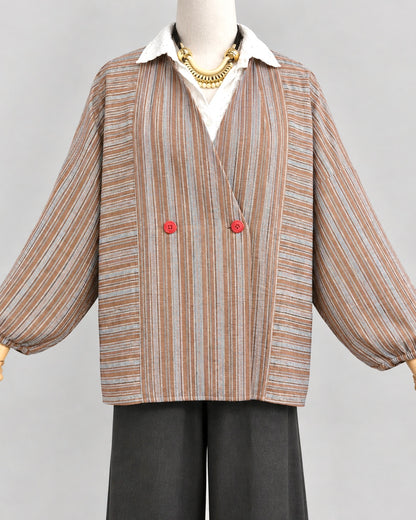 🇯🇵日本古著 🏷️ [ 復古棕灰縱橫細條紋雙排紅扣和裝工作罩衫 ｜ Vintage Brown & Grey Stripe Japanese Kappogi Apron Coat ] ss-vin730