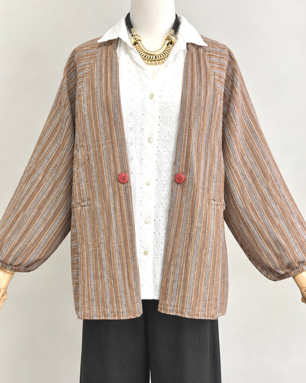 🇯🇵日本古著 🏷️ [ 復古棕灰縱橫細條紋雙排紅扣和裝工作罩衫 ｜ Vintage Brown & Grey Stripe Japanese Kappogi Apron Coat ] ss-vin730