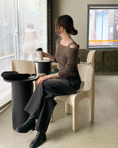 (UK🇬🇧)🇰🇷KOREA ♥ Unbalanced Off-Shoulder Knitwear ♥ 熱銷商品 奶油色不對稱露單肩針織衫 (4色入)  🔎 ɪᴛᴇᴍ ɴᴏ：SS-KSS93544093