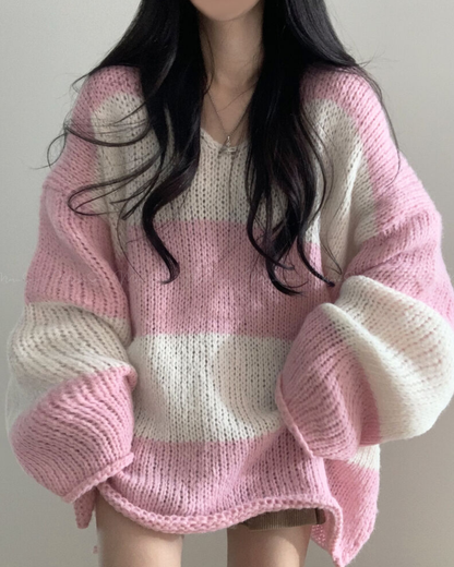 🇰🇷 KOREA ♥knitted Woolen pullover 下半身出走慵懶間條針織衫 ◍ 3色入🔎 ɪᴛᴇᴍ ɴᴏ.： SS-ks94560584