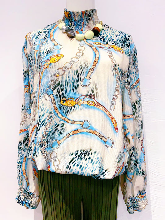 🇪🇺歐美古著｜VintageClothes - 歐式奢華馬鏈與豹紋印花抓褶高領雪紡衫 🔎 ss-vin521