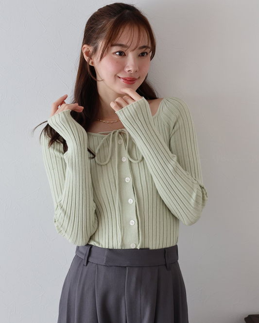 🇯🇵 JAPAN ♥  Ribbed knit top with square neck and ribbon choker ♥ 蝴蝶結桃心領坑紋 Knit (3色入)  🔎 ɪᴛᴇᴍ ɴᴏ：SS-JS31886
