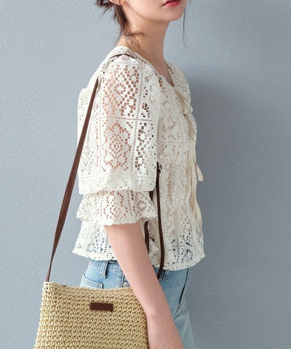 🇯🇵JAPAN Crochet lace shirred top ◇日本 鉤編蕾絲褶飾上衣 
SS-js255110620