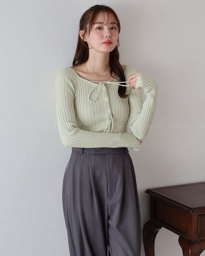 🇯🇵 JAPAN ♥  Ribbed knit top with square neck and ribbon choker ♥ 蝴蝶結桃心領坑紋 Knit (3色入)  🔎 ɪᴛᴇᴍ ɴᴏ：SS-JS31886