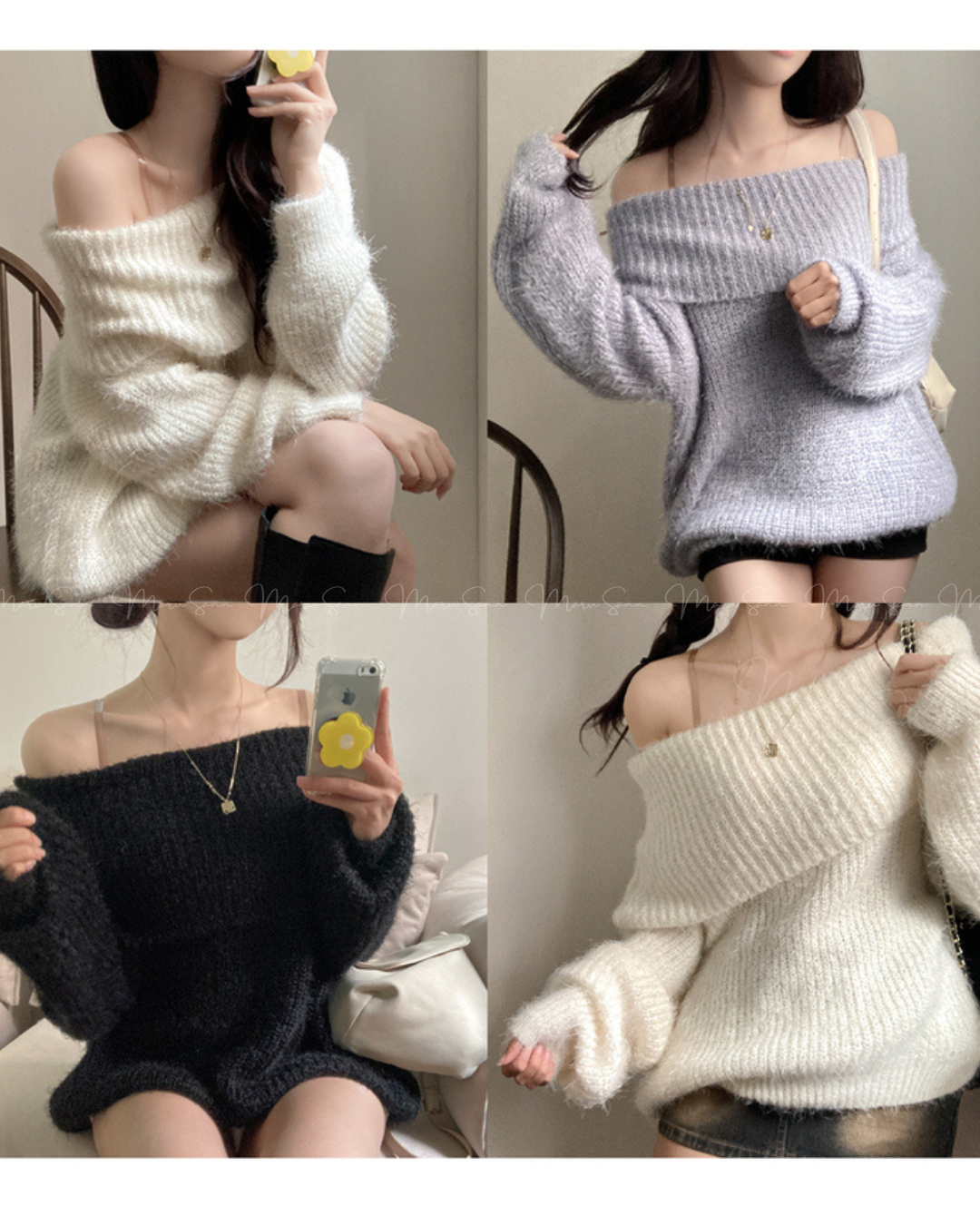 🇰🇷KOREA ♥ Baby Bed-In Boule Off-Shoulder Knit 寬鬆一字領毛毛針織衫 (3色入) 🔎 ɪᴛᴇᴍ ɴᴏ.： SS-KSSNT33899