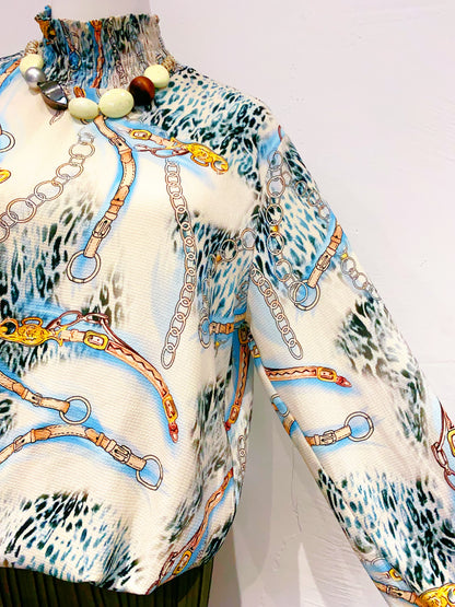 🇪🇺歐美古著｜VintageClothes - 歐式奢華馬鏈與豹紋印花抓褶高領雪紡衫 🔎 ss-vin521
