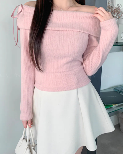 🇰🇷KOREA
♥ Festive christmassy ribbon top
派對約會造型 浪漫感蝴蝶結露肩加絨上衣

🔎 ɪᴛᴇᴍ ɴᴏ：SS-KSS97326804