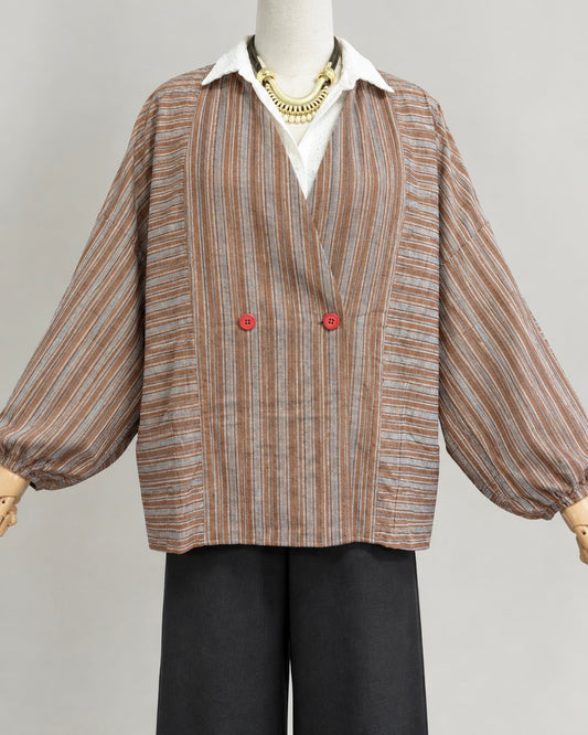 🇯🇵日本古著 🏷️ [ 復古棕灰縱橫細條紋雙排紅扣和裝工作罩衫 ｜ Vintage Brown & Grey Stripe Japanese Kappogi Apron Coat ] ss-vin730