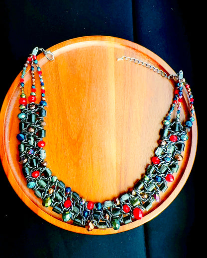 🇯🇵JAPAN Vintage ♡ Vintage Beaded Woven Black Chain Statement Necklace ｜ 🇯🇵日本古著 ♡ 復古彩珠編織黑鍊短項鍊｜🔎ss-vin631