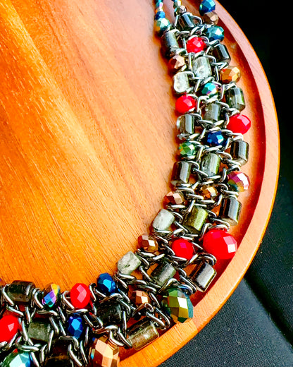 🇯🇵JAPAN Vintage ♡ Vintage Beaded Woven Black Chain Statement Necklace ｜ 🇯🇵日本古著 ♡ 復古彩珠編織黑鍊短項鍊｜🔎ss-vin631