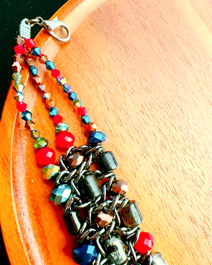 🇯🇵JAPAN Vintage ♡ Vintage Beaded Woven Black Chain Statement Necklace ｜ 🇯🇵日本古著 ♡ 復古彩珠編織黑鍊短項鍊｜🔎ss-vin631