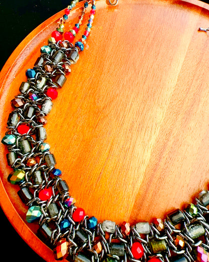 🇯🇵JAPAN Vintage ♡ Vintage Beaded Woven Black Chain Statement Necklace ｜ 🇯🇵日本古著 ♡ 復古彩珠編織黑鍊短項鍊｜🔎ss-vin631