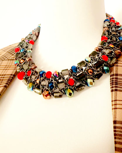 🇯🇵JAPAN Vintage ♡ Vintage Beaded Woven Black Chain Statement Necklace ｜ 🇯🇵日本古著 ♡ 復古彩珠編織黑鍊短項鍊｜🔎ss-vin631