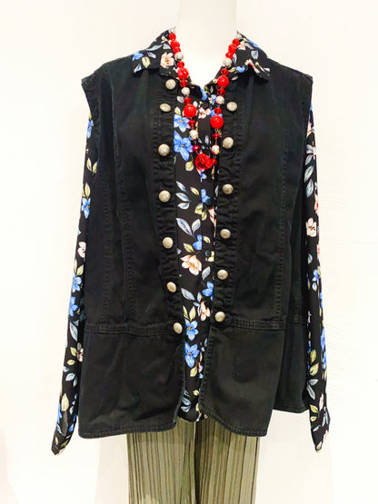 🇪🇺 歐美古著｜VintageClothes - 軍風率性雙排圓扣立領黑色牛仔工裝背心  🔎 ss-vin527