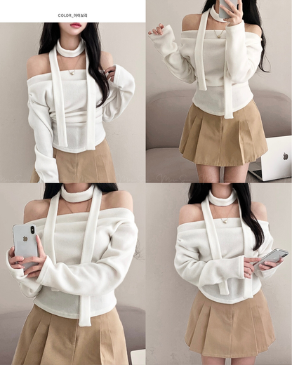 🇰🇷KOREA 
♥ Long-Sleeve One-Shoulder Plain Top With Scarf
🔎 ɪᴛᴇᴍ ɴᴏ：SS-KSS98993247