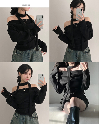 🇰🇷KOREA 
♥ Long-Sleeve One-Shoulder Plain Top With Scarf
🔎 ɪᴛᴇᴍ ɴᴏ：SS-KSS98993247