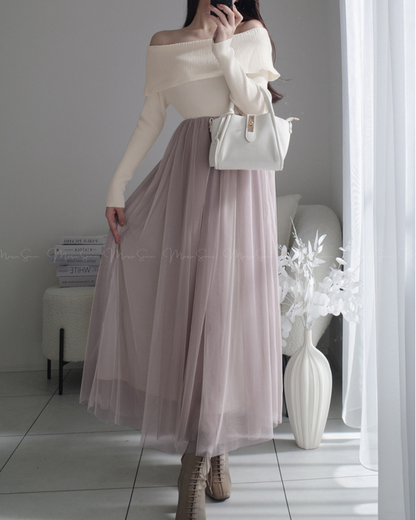 🇯🇵 JAPAN
♥ 氣質露肩針織薄紗喇叭連身裙 SS-JGOP744