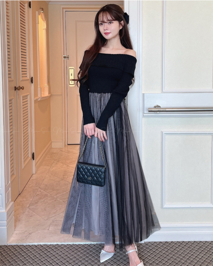 🇯🇵 JAPAN
♥ 氣質露肩針織薄紗喇叭連身裙 SS-JGOP744