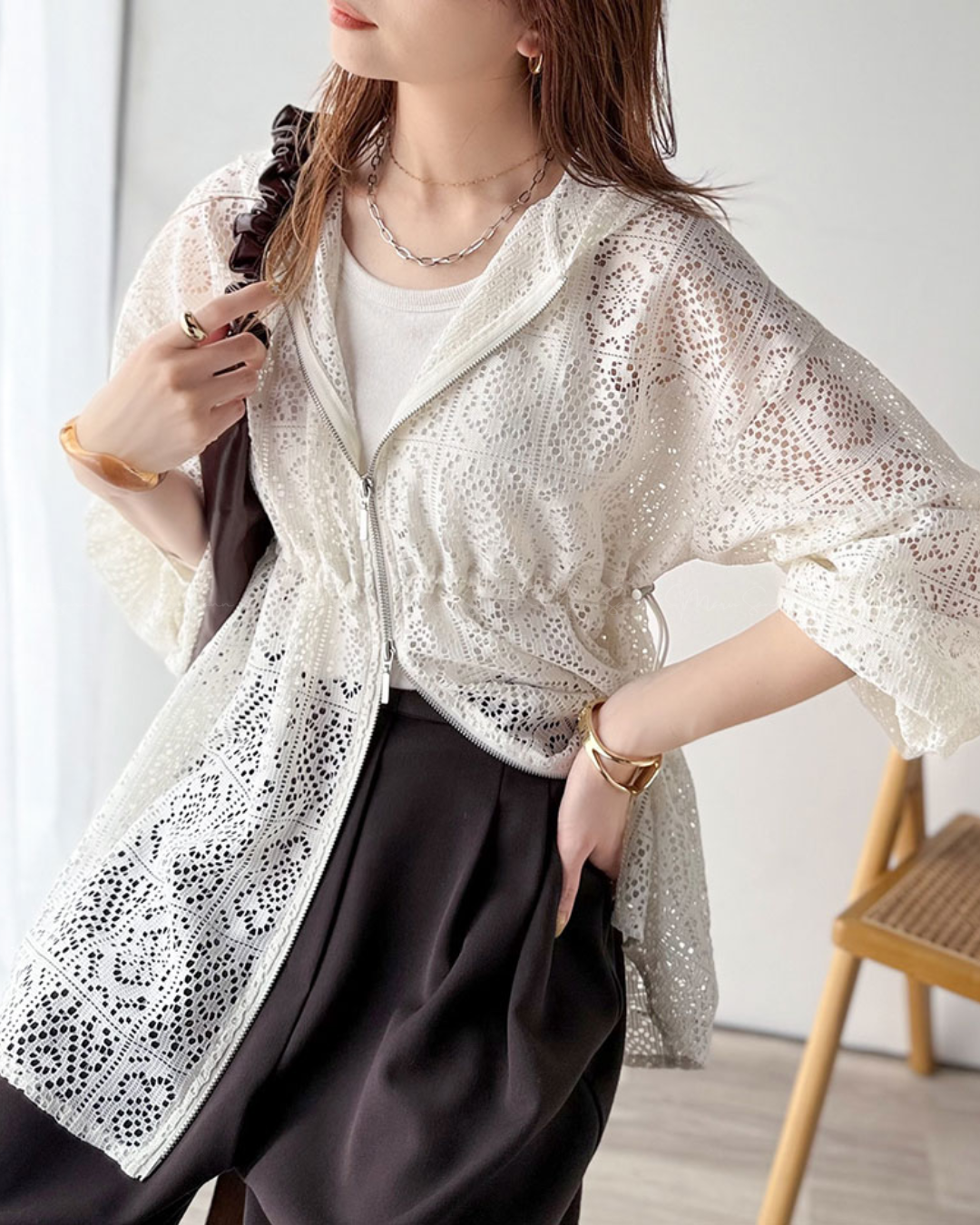 🇯🇵 JAPAN ♥ 復古拼接蕾絲抽繩腰帶雙拉鍊連帽衫（2色）  🔎 ɪᴛᴇᴍ ɴᴏ：SS-JRJV1010454