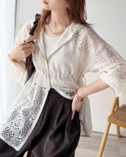 🇯🇵 JAPAN ♥ 復古拼接蕾絲抽繩腰帶雙拉鍊連帽衫（2色）  🔎 ɪᴛᴇᴍ ɴᴏ：SS-JRJV1010454